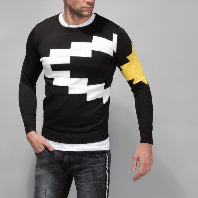 Черен мъжки пуловер с бели и жълти шарки it261018-95 3