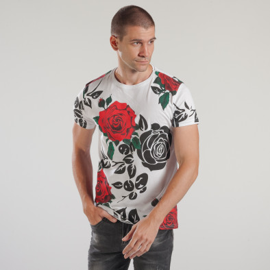 Мъжка бяла тениска с принт на червени рози tsf250518-23 2