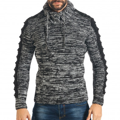 Мъжки черно-бял пуловер с връзки на яката it301017-66 2