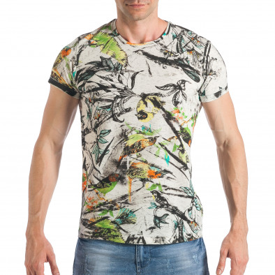 Мъжка бяла тениска с екзотични цветя и птици tsf290318-16 2