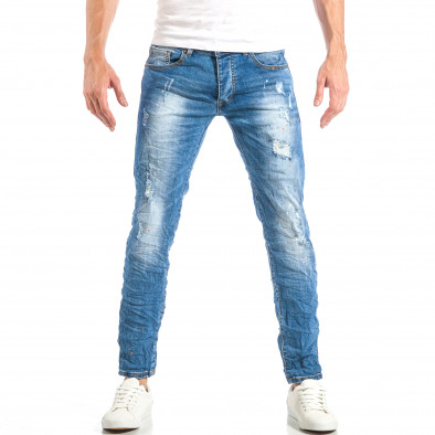 Мъжки намачкани Slim fit дънки в синьо с пръски боя it040518-2 2