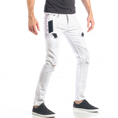 Slim fit мъжки бели дънки с черни кръпки и пръски it040518-16 3