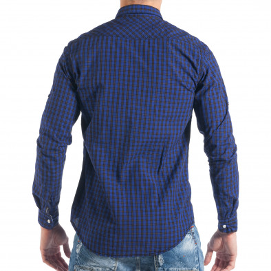 Мъжка карирана риза в цвят индиго с тик-так копчета it050618-4 5
