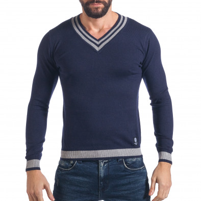 Мъжки син фин пуловер с остро деколте it041217-14 2