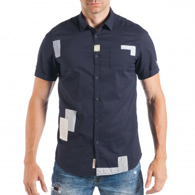 Синя мъжка риза с къс ръкав и кръпки с различни десени it050618-2 2
