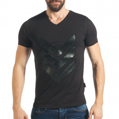 Мъжка черна Slim fit тениска с камъни и кожа tsf020218-37 2
