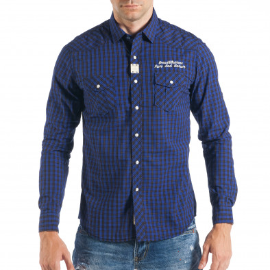 Мъжка карирана риза в цвят индиго с тик-так копчета it050618-4 3