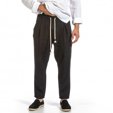 Черен ленен панталон с ластик на кръста it240621-41 2