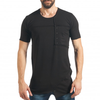 Мъжка черна дълга тениска с голям джоб и капси tsf020218-21 2