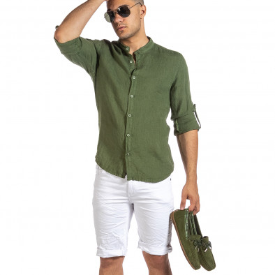 Мъжка зелена ленена риза с яка столче it240621-29 2