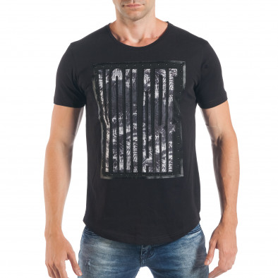 Черна мъжка тениска с флорален надпис и капси tsf250518-2 2