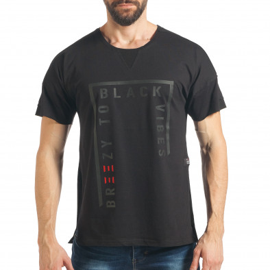 Мъжка черна тениска с надпис и удължен гръб tsf020218-15 2