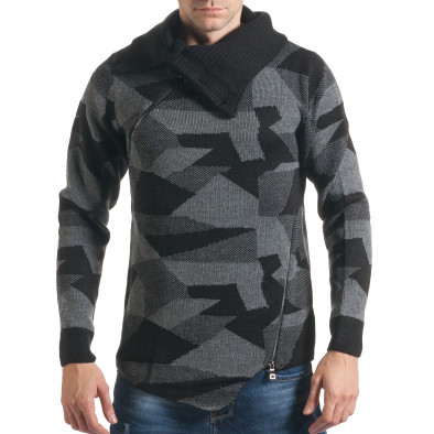 Мъжки сиво-черен пуловер с голяма яка и ципове 021216-1 2