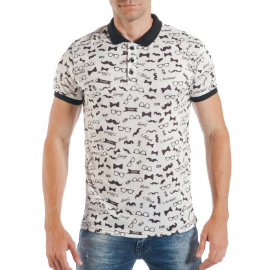 Мъжка бяла тениска с яка hipster принт tsf250518-43 2