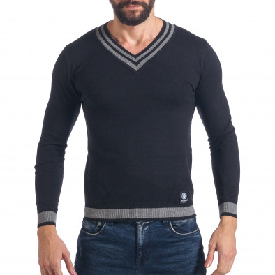 Мъжки черен фин пуловер с остро деколте it041217-13 2