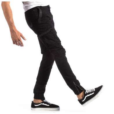 Мъжки карго панталон в черно с кожени детайли it250918-9 2