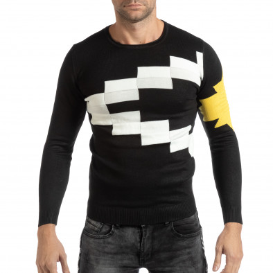 Черен мъжки пуловер с бели и жълти шарки it261018-95 2