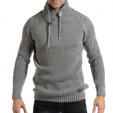Дебел мъжки пуловер в сив меланж с висока яка it261018-99 2