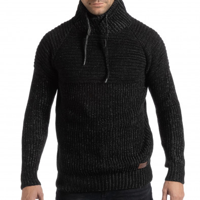 Дебел мъжки пуловер в черен меланж с висока яка it261018-98 2