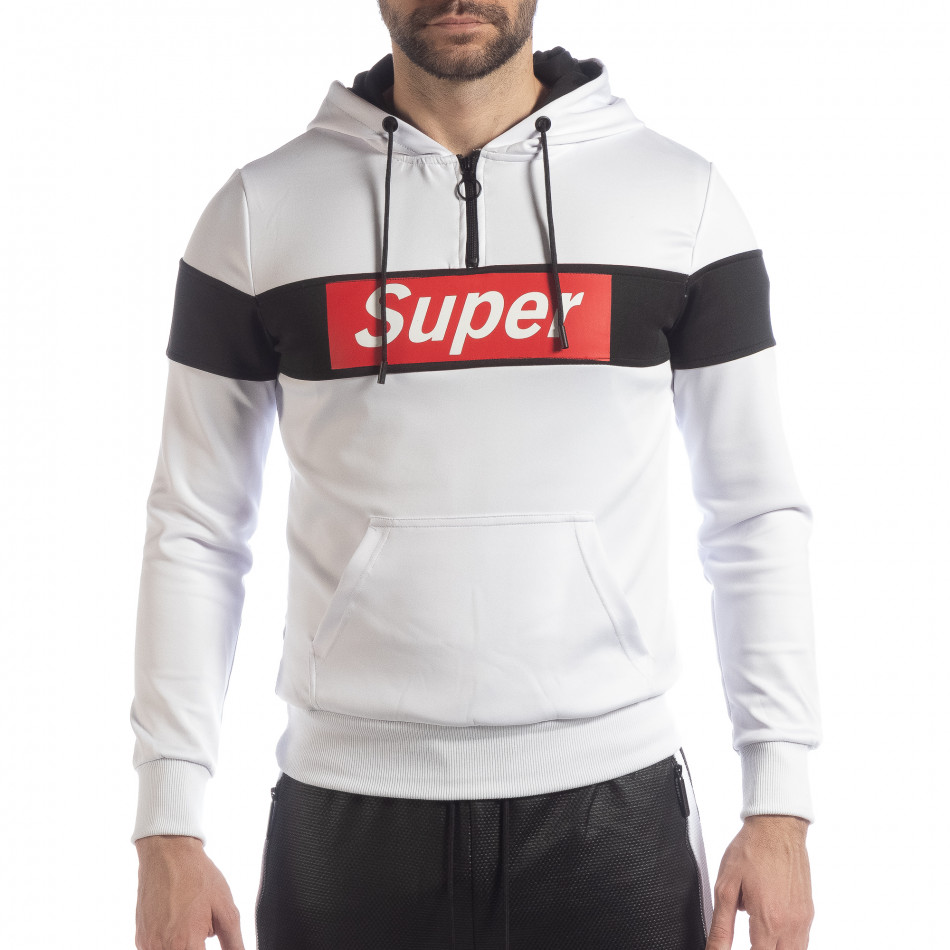 Бял мъжки суичър с качулка SUPER it040219-94