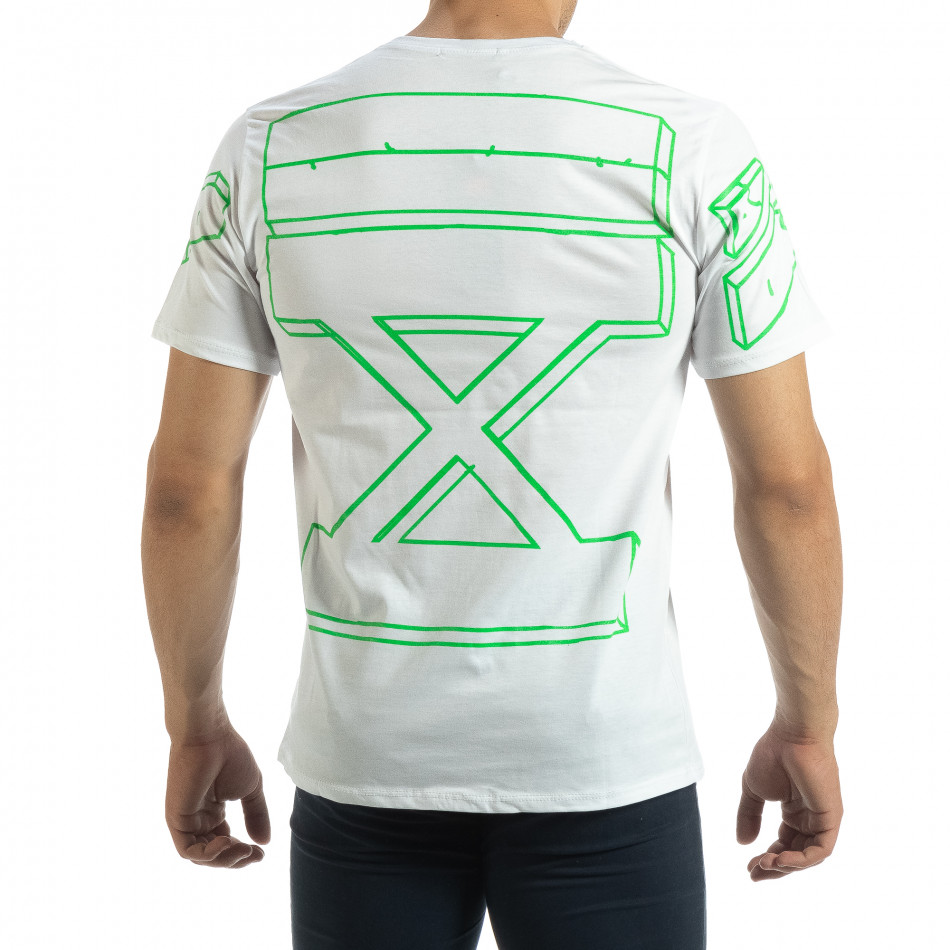 Бяла мъжка тениска зелен принт на гърба it120619-39