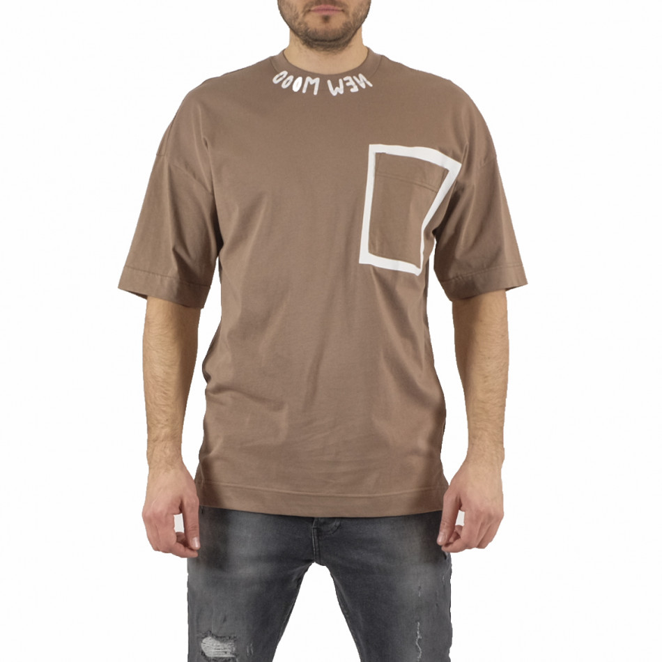 Oversize мъжка бежова тениска с джоб tr250322-87