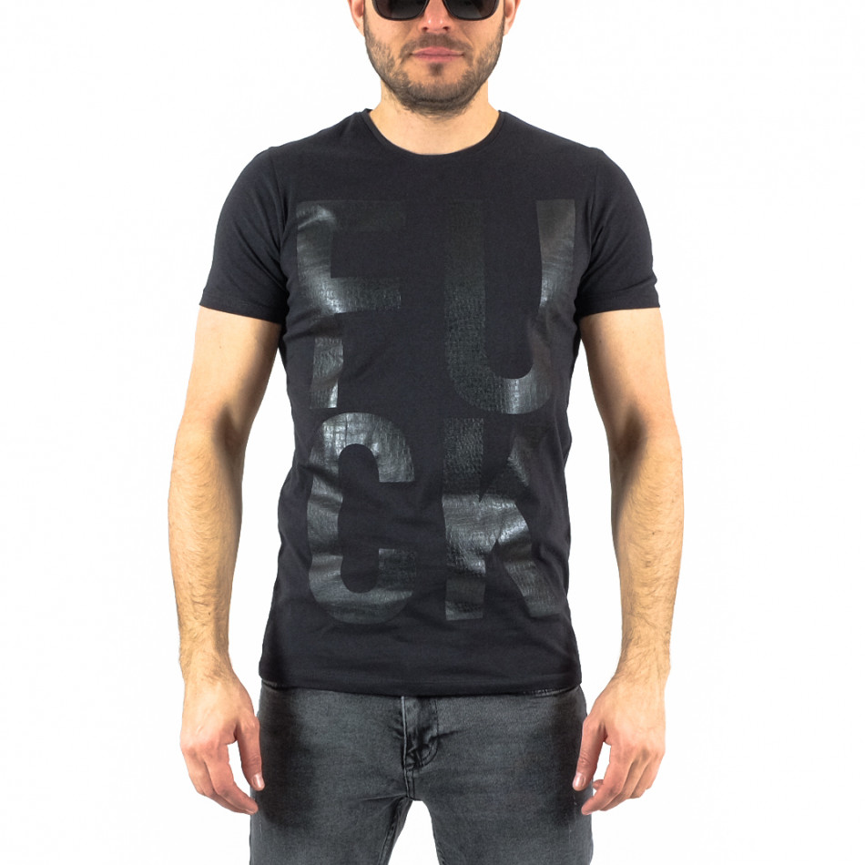 Мъжка черна тениска с едър принт tr250322-62