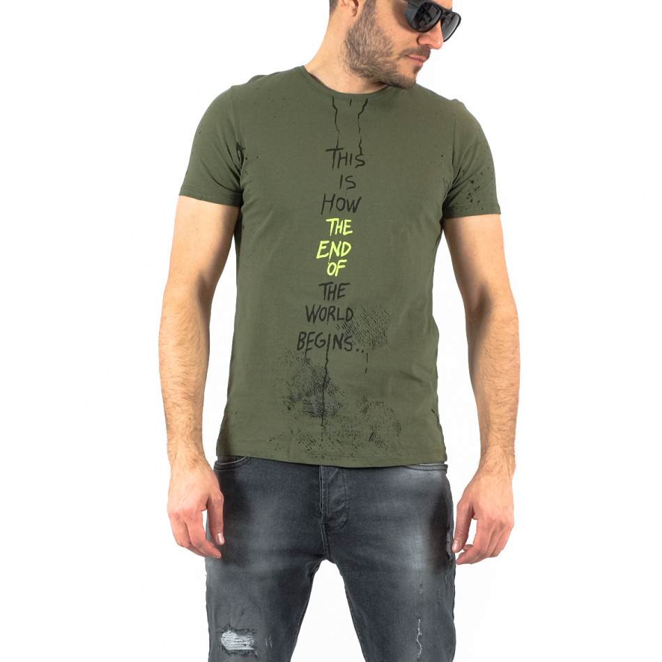 Мъжка зелена тениска контрастен принт tr250322-51