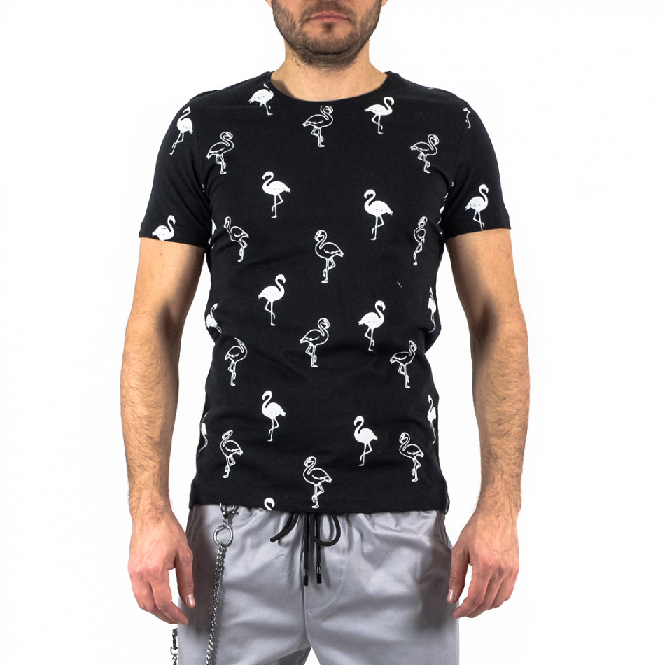 Мъжка черна тениска с фламинго tr250322-66