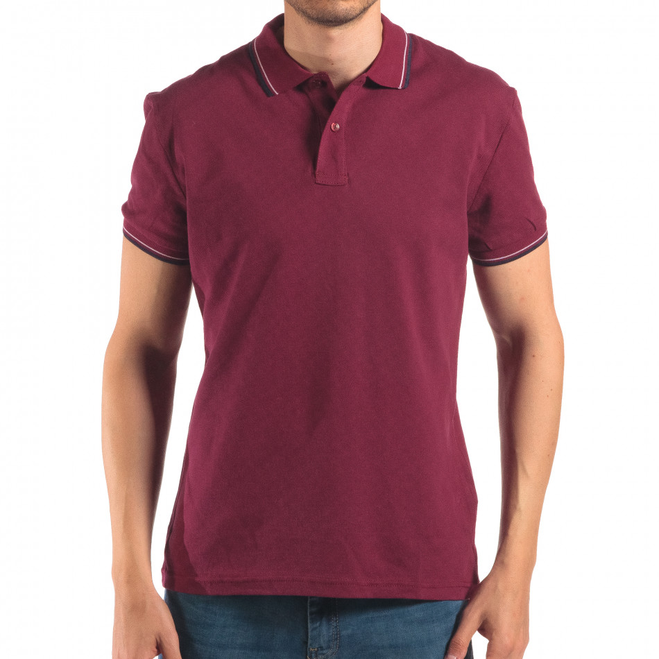 Мъжка червена тениска с яка със син и бял кант it150616-35