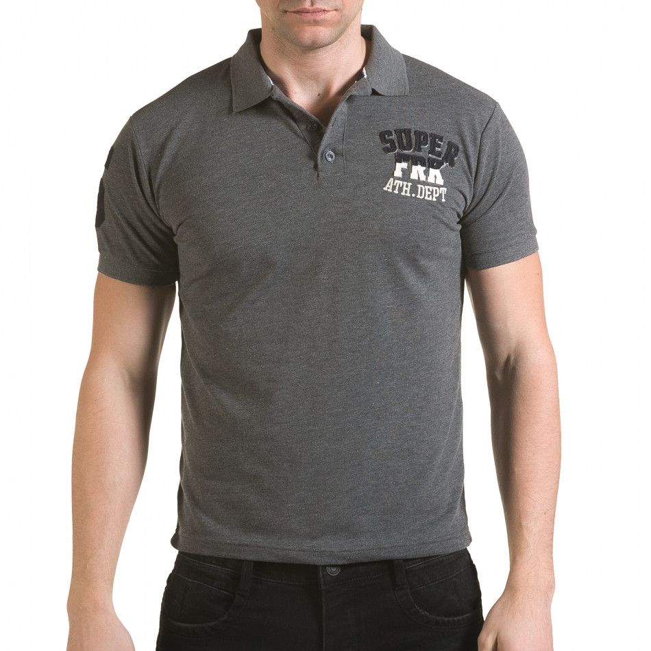 Мъжка сива тениска с яка с релефен надпис Super FRK il170216-23