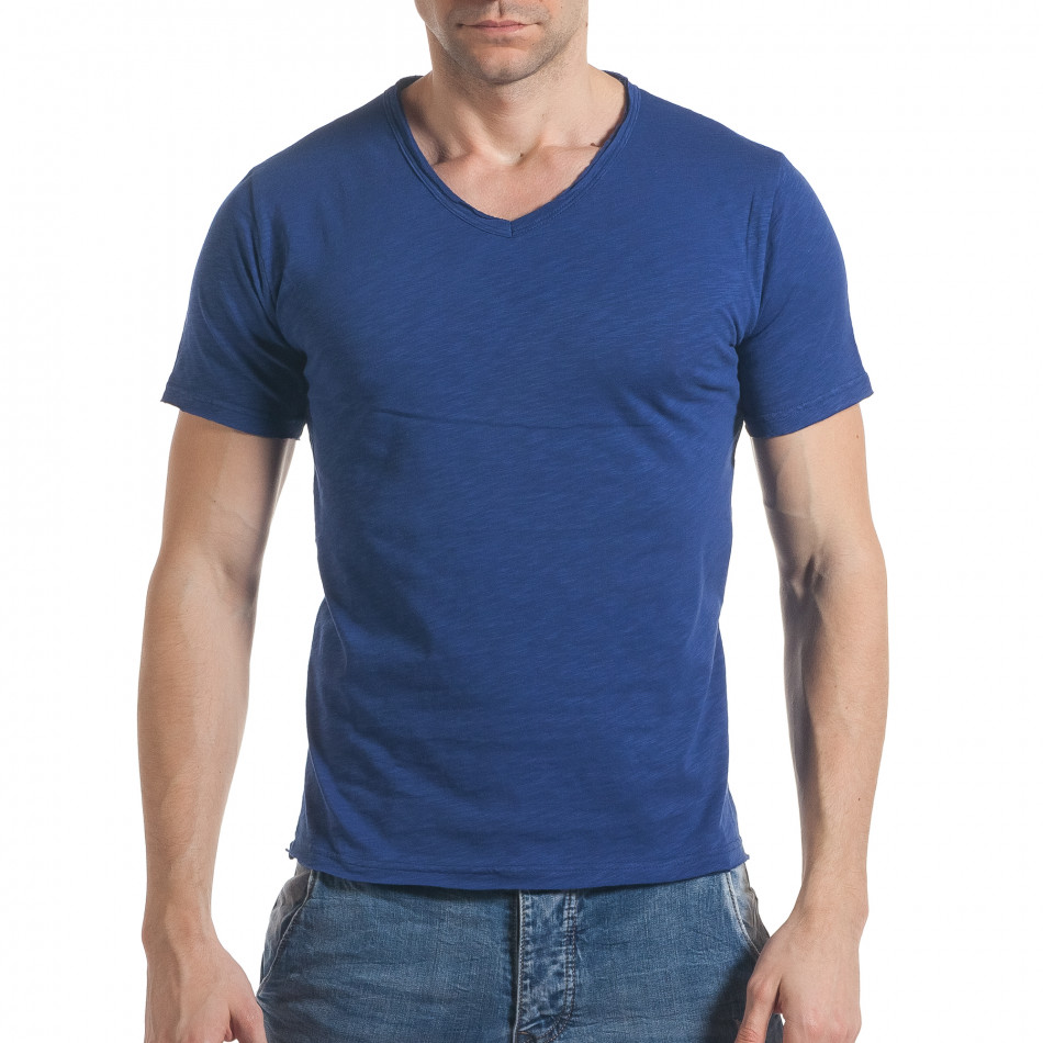Мъжка синя тениска с остро деколте it030217-14