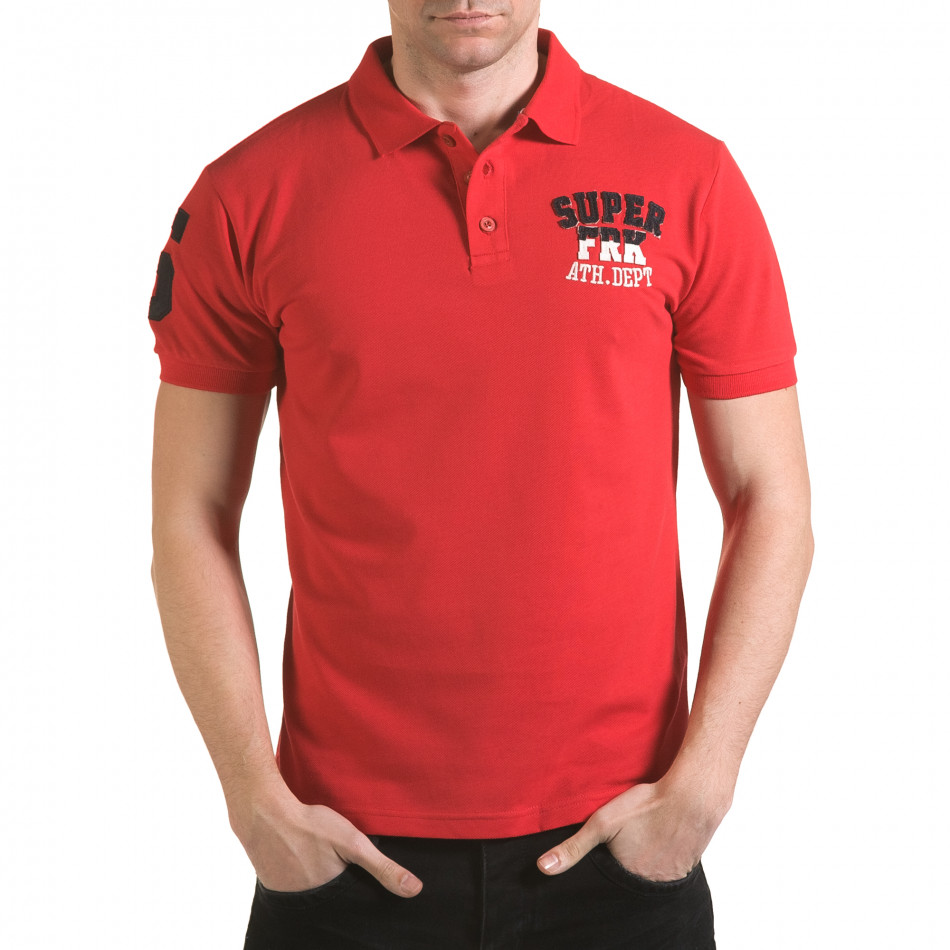 Мъжка червена тениска с яка с релефен надпис Super FRK il170216-24