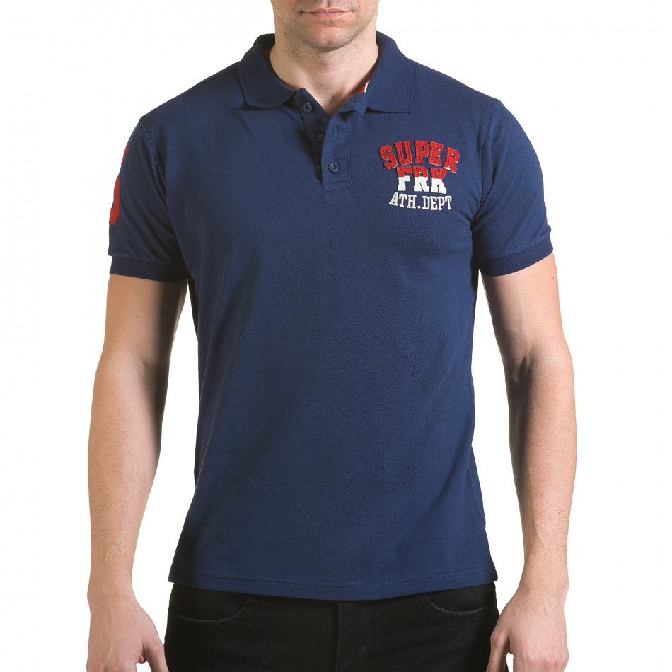 Мъжка тъмно синя тениска с яка с релефен надпис Super FRK il170216-28
