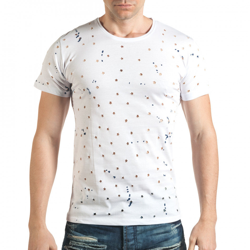 Мъжка бяла тениска с декоративни дупки звезди il140416-57