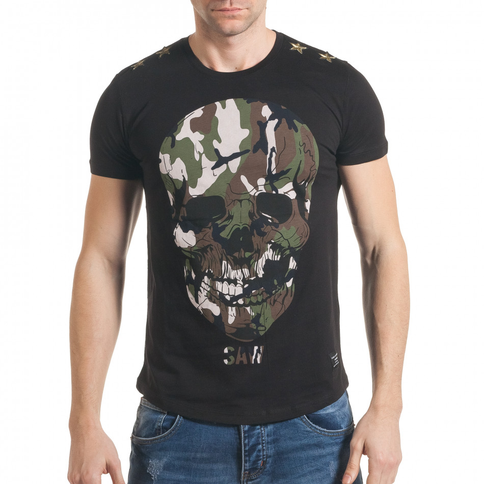 Мъжка черна тениска с камуфлажен череп tsf060217-40