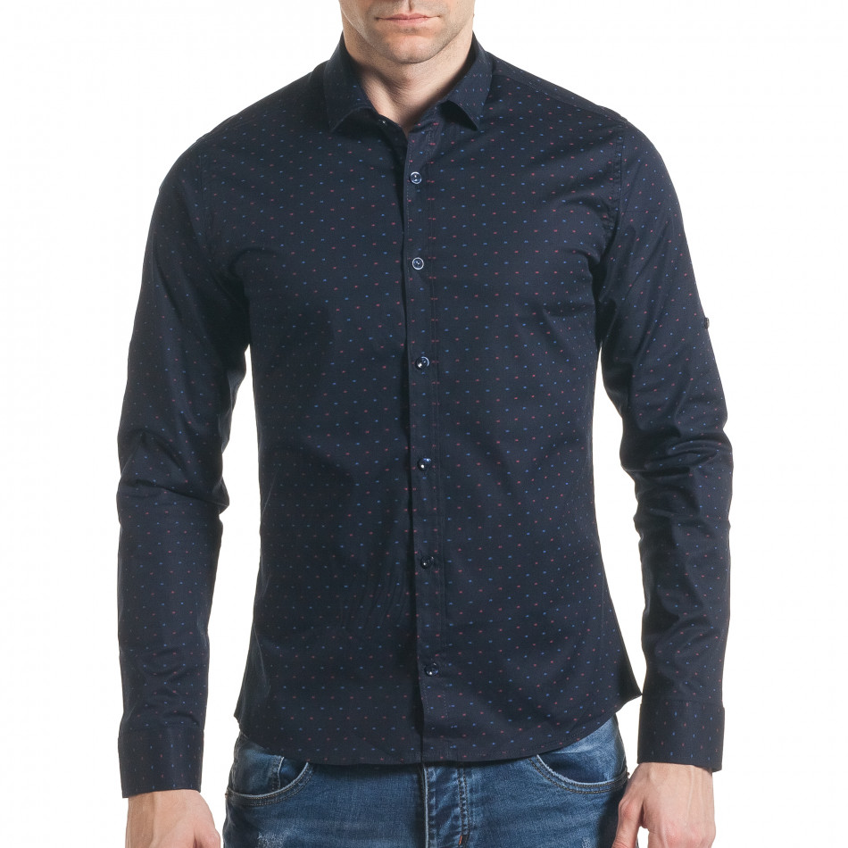 Мъжка черна риза с двуцветен принт tsf070217-2