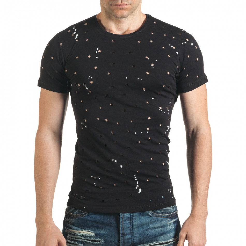 Мъжка черна тениска с декоративни дупки звезди il140416-56