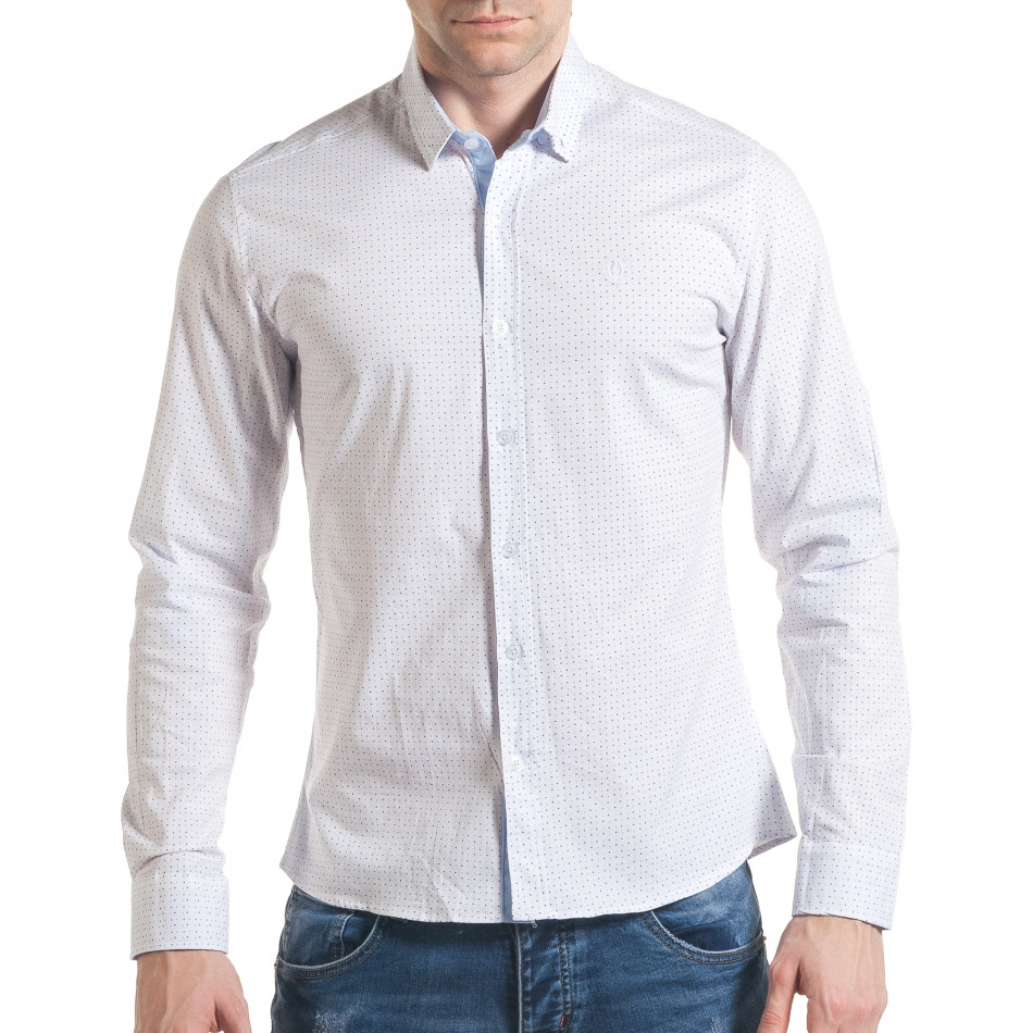 Мъжка бяла риза с черни и сини плюсчета tsf070217-5