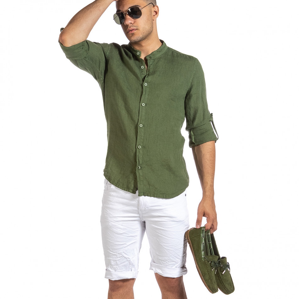 Мъжка зелена ленена риза с яка столче it240621-29