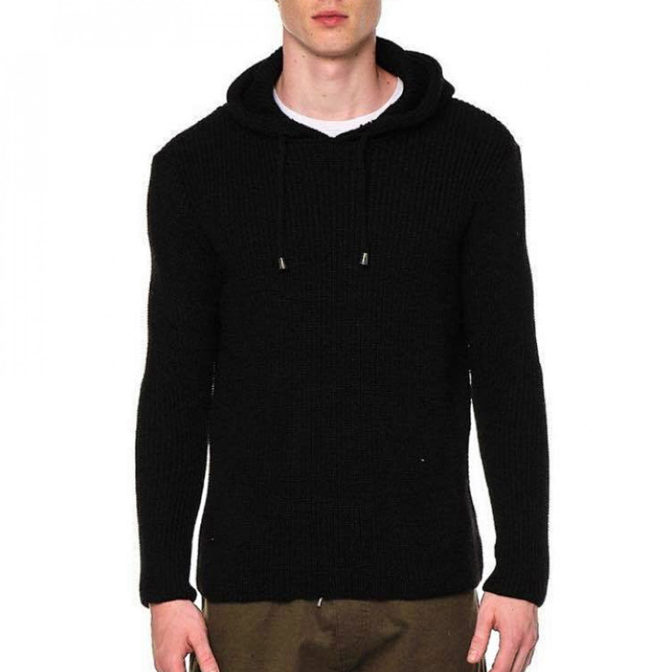 Мъжки черен пуловер с качулка tr240921-8