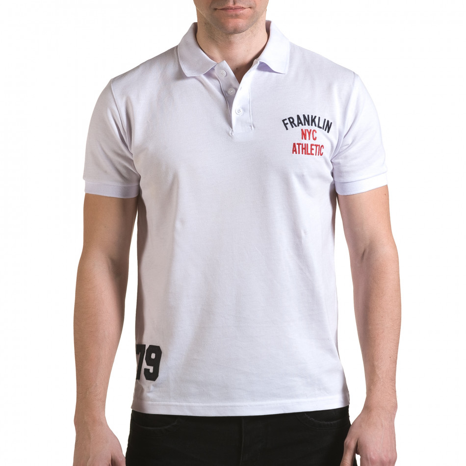 Мъжка бяла тениска с яка с надпис Franklin NYC Athletic il170216-31