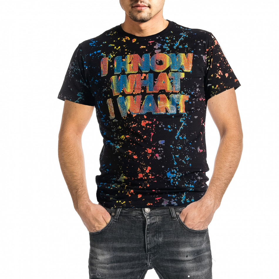 Мъжка черна тениска с принт и кристали gr270221-52
