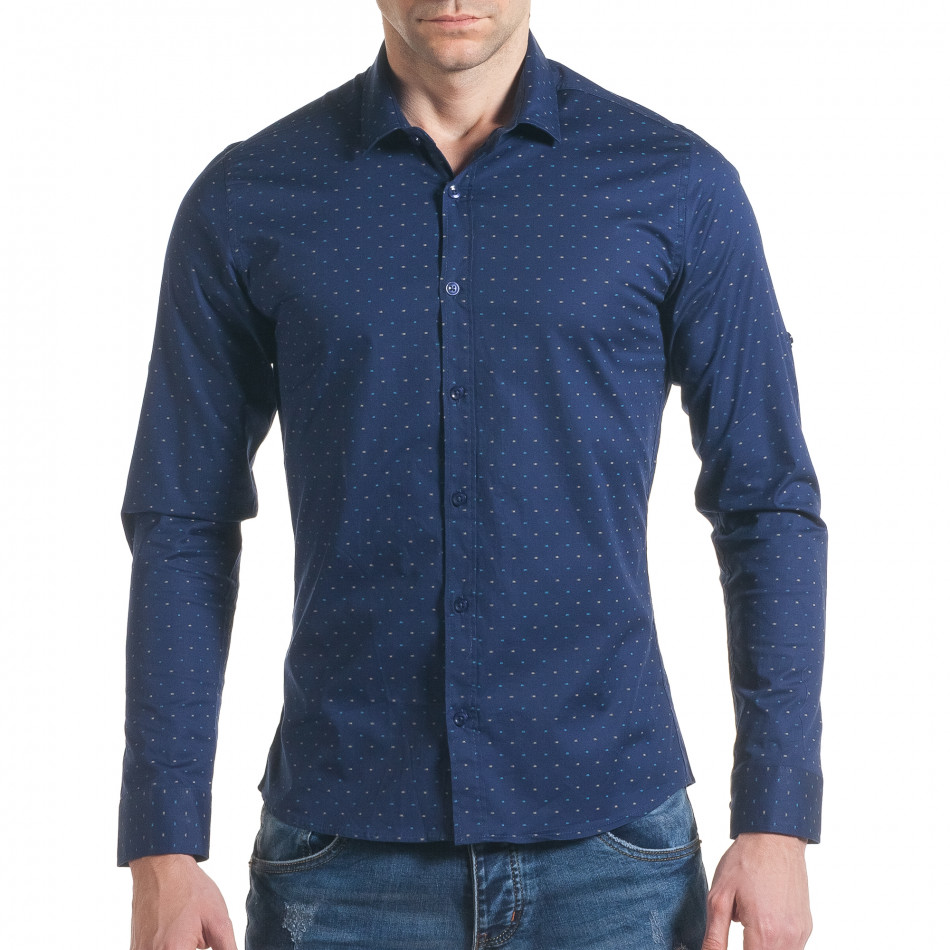 Мъжка синя риза с двуцветен принт tsf070217-1