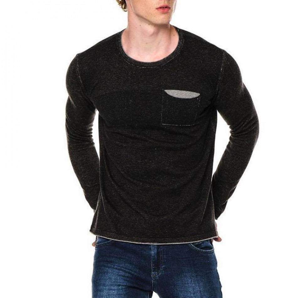 Мъжки фин пуловер с джоб черен меланж tr240921-1