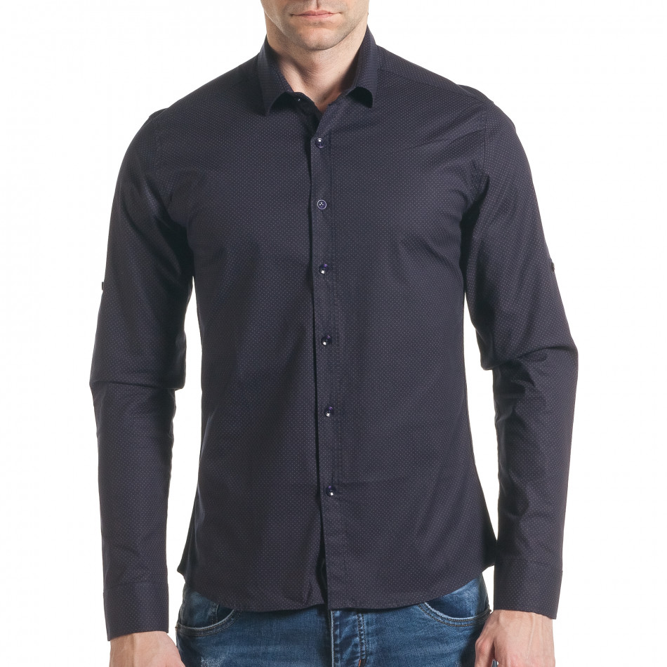 Мъжка тъмно синя риза с контрастен принт tsf070217-10