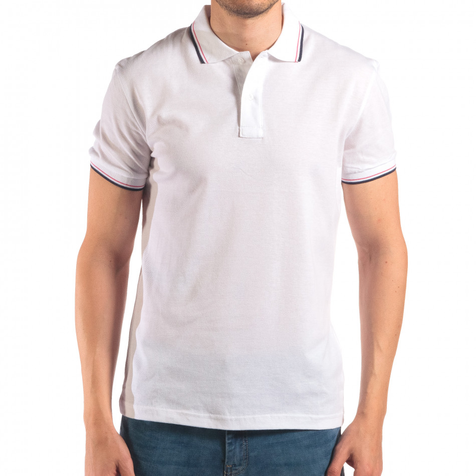 Мъжка бяла тениска с яка с червен и син кант it150616-31