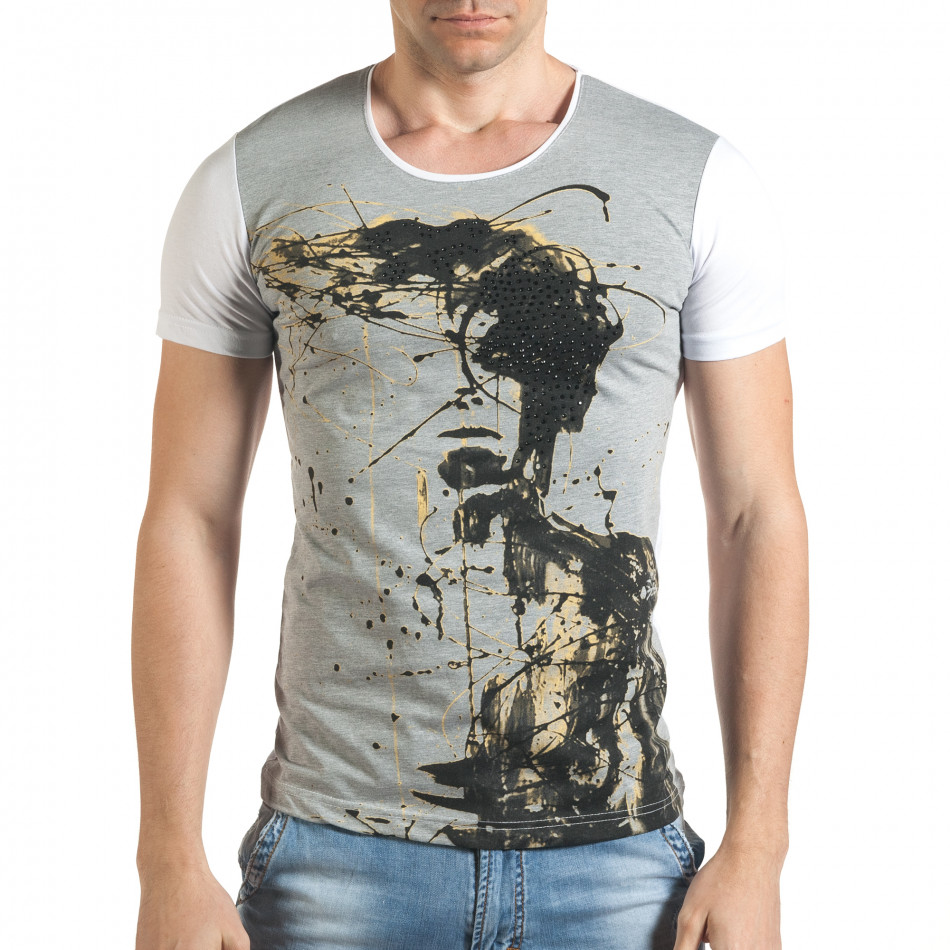 Сиво-бяла мъжка тениска с принт и черни камъни il140416-6