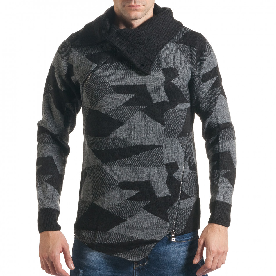 Мъжки сиво-черен пуловер с голяма яка и ципове 021216-1