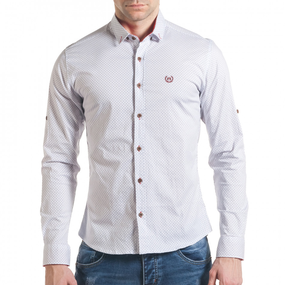 Мъжка бяла риза с червени точки и сини декорации tsf070217-3